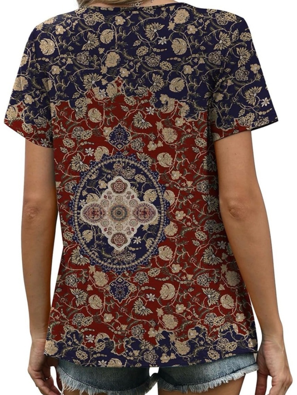 Boho Floral Medallion Short Sleeve Top - Red & Navy - Picture 5 of 5